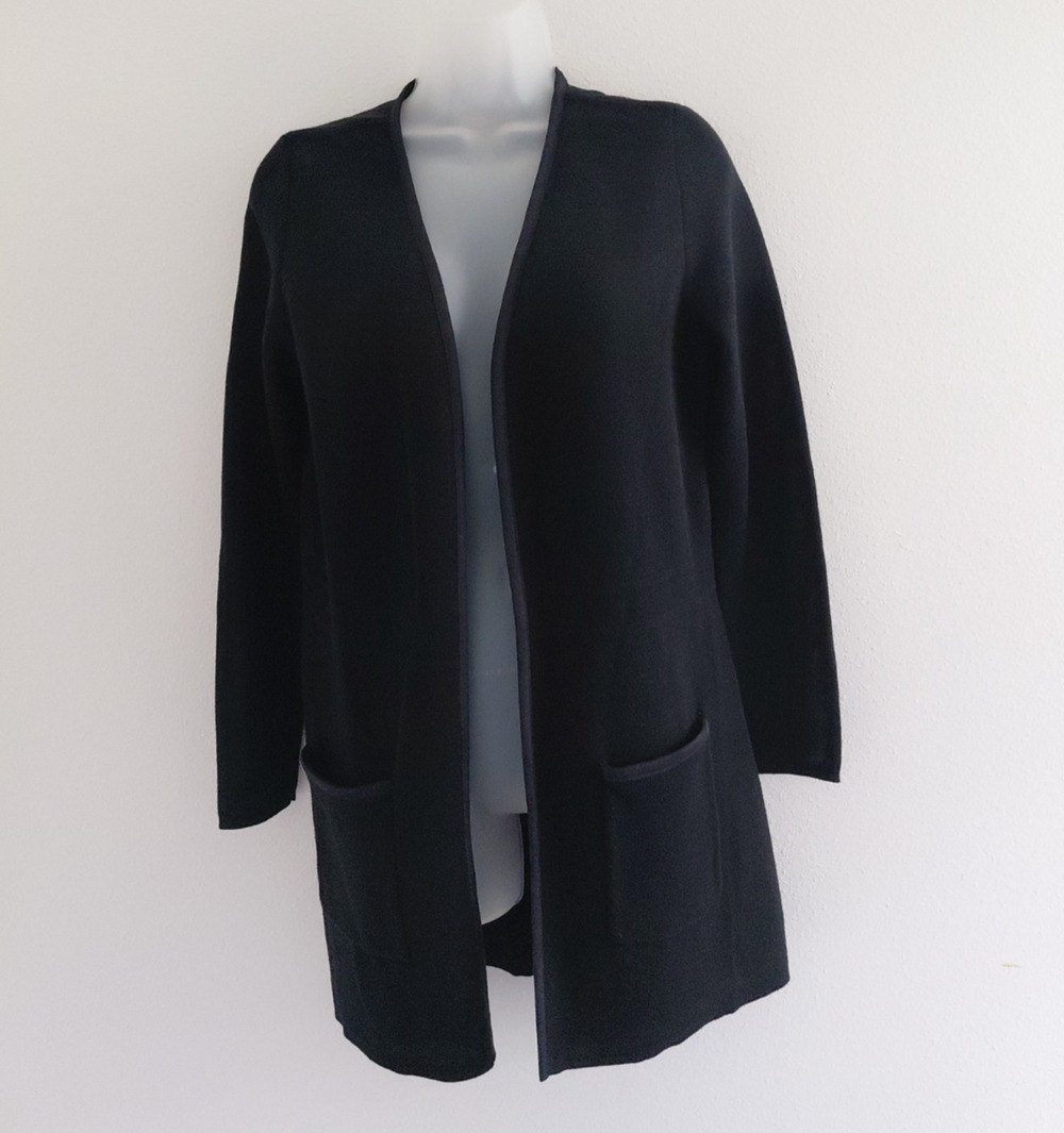 Charter Club Cardigan Womens SMALL Black Soft Open Front Sweater Leather Trim